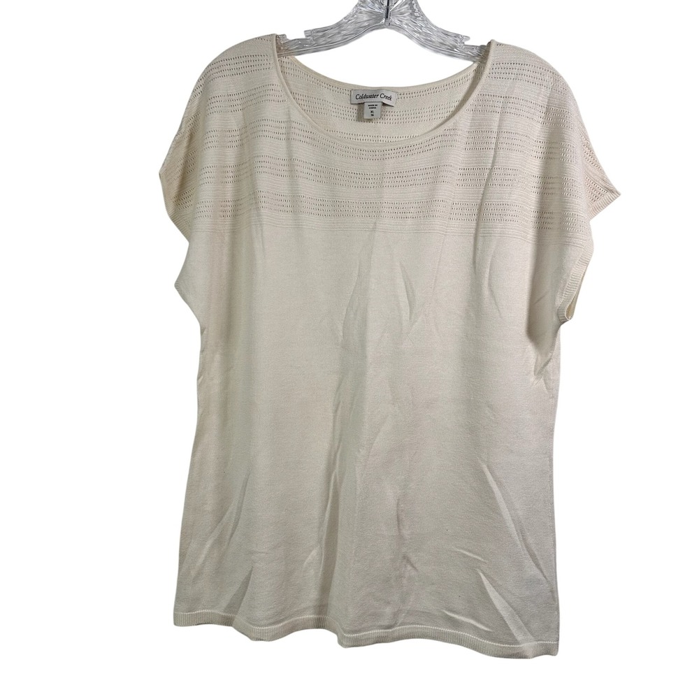 Coldwater Creek Silk Blend Ivory Pointelle Knit‎ Short Sleeve Top XL 16 Cream